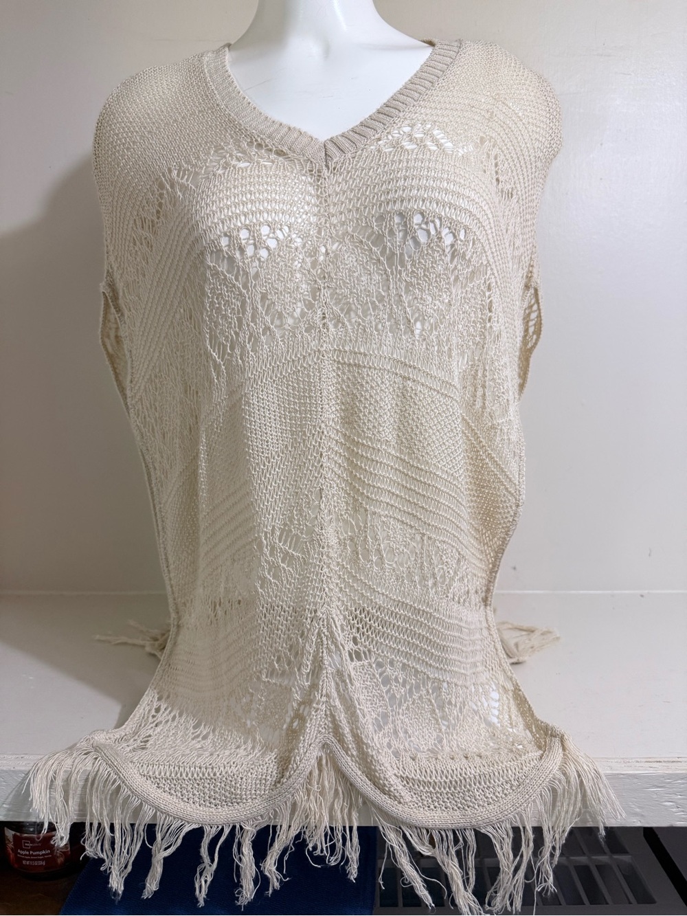 Cream Crochet V-Neck Swim Cover-Up with Fringe